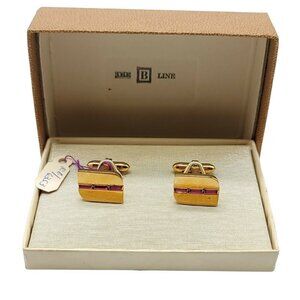 Lamode Gold Tone Pink Rhinestone Cufflinks Vintage in Box Rectangle Shape